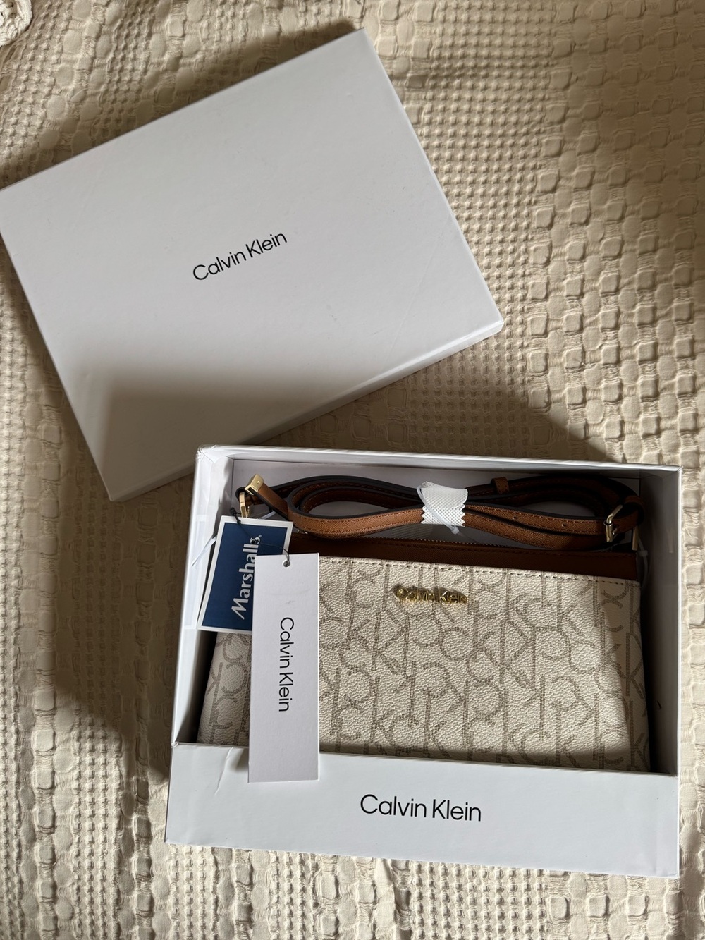 Calvin Klein Cream Monogram Card Holder with Brown Strap and Gold Hardware